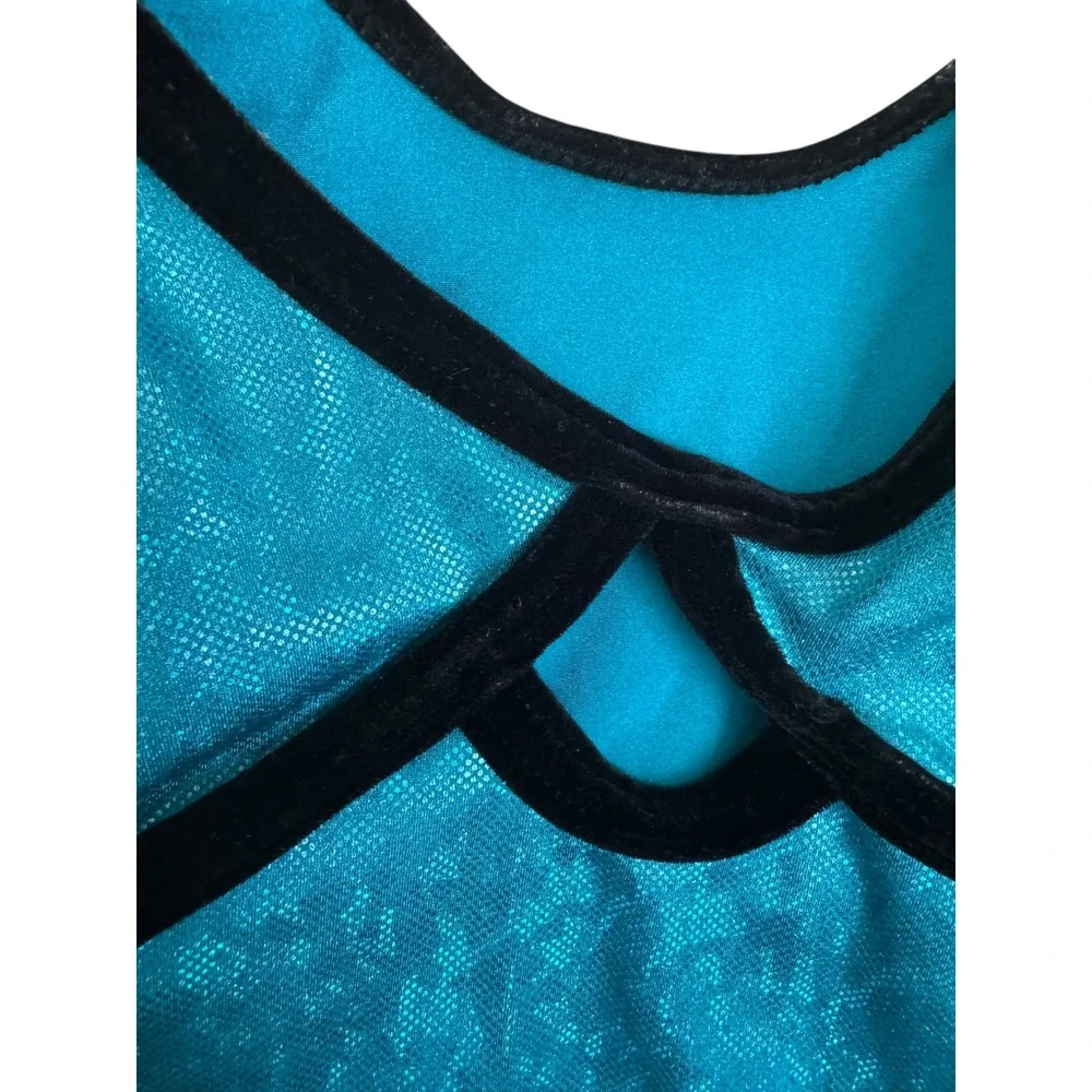 GK Elite Turquoise Shimmer Velvet Trim Gymnastics Sleeveless Leotard Girls Small